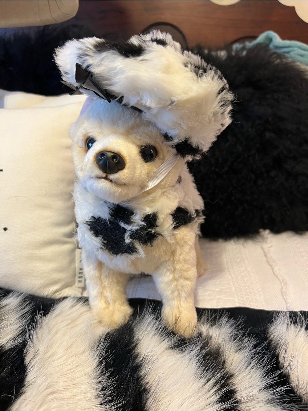 Plush Black & White Faux Fur Dog Coat with Hat.